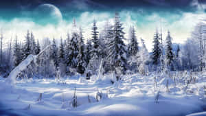 夜晚發光的月亮下白雪覆蓋的松樹林。