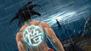 動漫戰士背上帶有發光漢字，站在雨中，背景有閃電