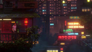 像素藝術夜晚城市景觀，有發光嘅霓虹招牌同霧氣瀰漫嘅街道。