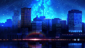 未來城市夜景，藍色燈光與星空倒映在水中。