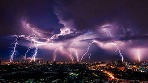 暴風雨夜晚中多道閃電照亮的天際線。