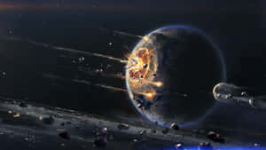 行星與小行星和太空船在太空中爆炸 — 太空 壁紙