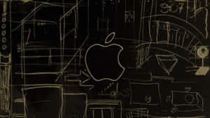 Apple標誌用粉筆繪製在黑板上，帶有技術草圖。