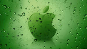 透過玻璃上的雨滴看到的綠色Apple標誌。