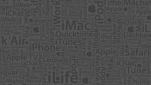 Apple 產品名稱和標誌的灰色文字拼貼。