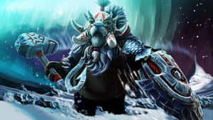 霜巨人戰士在雪地極光中手持錘子