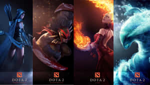 四位 Dota 2 角色在黑暗奇幻藝術中展示元素力量。