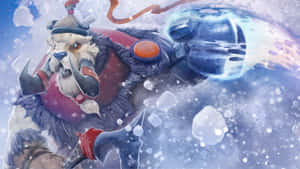 毛茸茸的雪獸戰士在暴風雪中揮舞冰錘