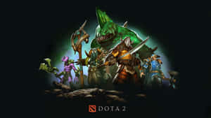 Dota 2英雄和一個巨大怪物在黑暗的奇幻戰鬥場景中。