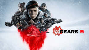 Gears 5 遊戲封面，展示雪地環境中的士兵和紅色血濺。