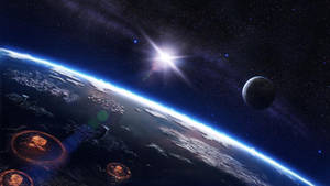 從太空看到的地球，有發光的外星結構和明亮的星爆太陽。