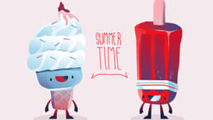 兩個微笑嘅卡通雪糕同冰條角色，帶有「SUMMER TIME」文字。