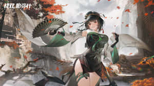 動漫女孩穿著綠色傳統服裝，在懸崖寺廟上，手持扇子，周圍是秋葉。 — 奇幻 壁紙