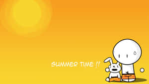 卡通角色和兔子在夏日陽光下出汗，帶有文字 summer time — 可愛卡通 壁紙