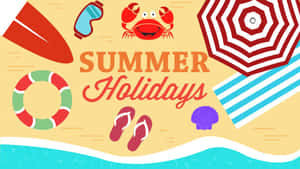 夏日假期海灘場景，有螃蟹、傘和拖鞋