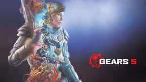 Gears 5遊戲封面，特色是裝甲士兵、發光的紅色能量和骷髏標誌。