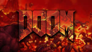 熾熱地獄中帶有惡魔和熔岩的 Doom 遊戲標誌 — 火 壁紙