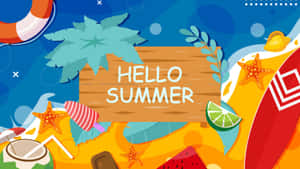 hello summer 標誌被沙灘物品如衝浪板、海星和熱帶飲料包圍。