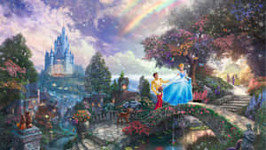 灰姑娘和白馬王子在城堡附近的魔法花園中彩虹下跳舞。 — 1920x1080 壁紙