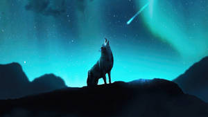 狼對著夜空中的極光和彗星嚎叫