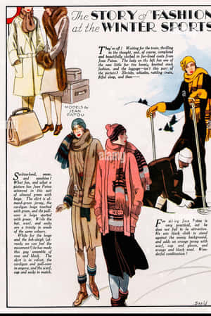 1930年代復古時尚插圖，描繪女性在雪坡上穿著冬季運動服裝。 — 插畫 壁紙