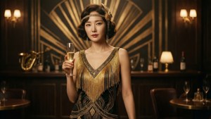 1920 年代 flapper 裙女子在地下酒吧手持香檳。