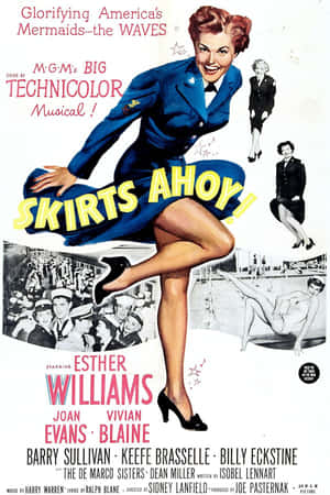 《Skirts Ahoy!》的復古電影海報，由Esther Williams主演，身穿藍色水手服。