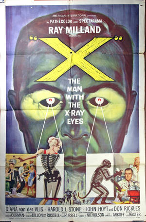 復古科幻電影海報，為《The Man with the X-Ray Eyes》設計，顯示一個眼睛發光的男人和X光場景。 — 電影 壁紙
