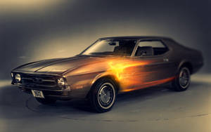 1972年福特野馬經典車，沿車身側面有熾熱橙色能量。