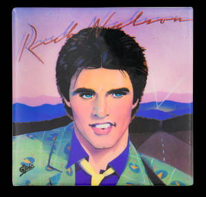 Rick Nelson 穿著圖案外套，背景是日落山景。