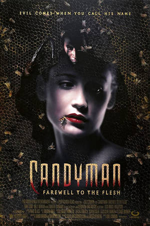 Candyman的電影海報， featuring 一個女人、蜜蜂和蜂巢背景。 — 約翰·坎迪 GIF 壁紙