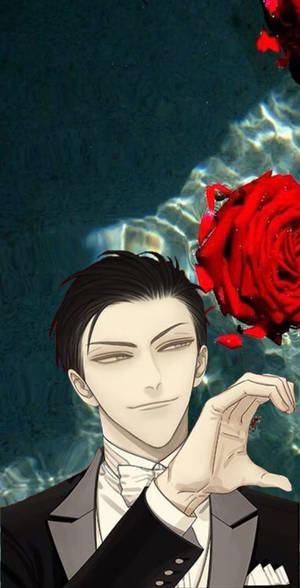 動畫男子穿著西裝，在水下拿著紅玫瑰，表情平靜。 — 崔宇植 GIF 壁紙