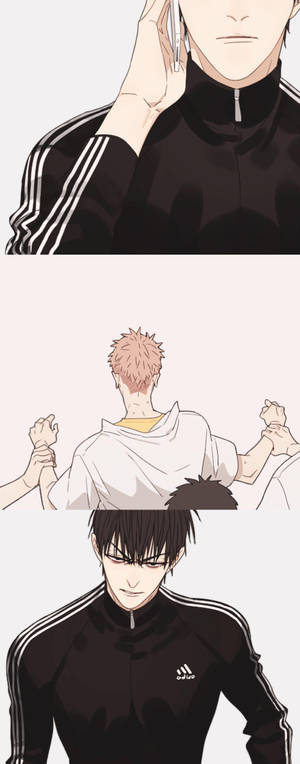 三個動漫男性穿著運動外套，以特寫和背面視角展示。 — Galaxy Z Fold 5 壁紙