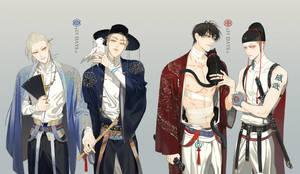 四個穿著傳統中國服飾的動漫男子手持鳥類和武器。 — 中文 壁紙