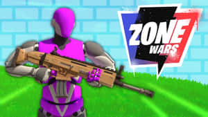 紫色裝甲機械人在草地上手持步槍，帶有Zone Wars標誌。