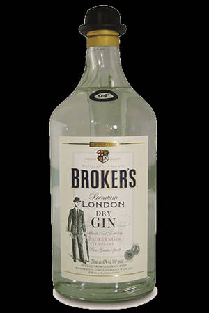 Broker's Premium London Dry Gin 酒瓶，帶有黑色圓頂硬禮帽瓶塞和復古標籤。