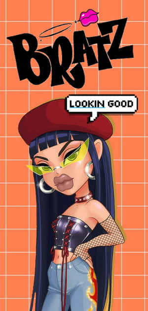 戴著貝雷帽和束腰的 Bratz 娃娃，附有 'lookin good' 對話框。