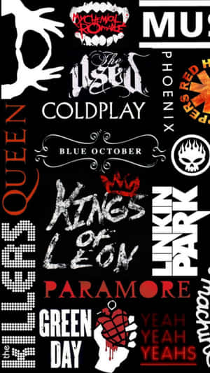 黑色背景上帶有Coldplay、Linkin Park和Queen等樂隊標誌的牆紙。