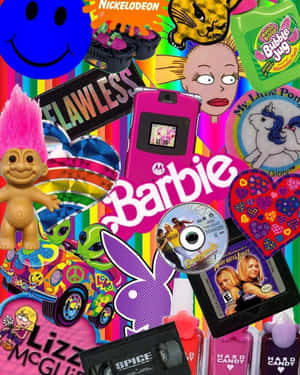 一個色彩繽紛的拼貼畫，包含Barbie、Trolls和Nickelodeon角色等2000年代流行文化圖標。
