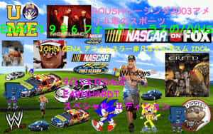 一幅色彩繽紛的拼貼畫，在草地上展示NASCAR、WWE、動漫和電子遊戲元素。