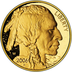 2006年金水牛鎳幣特寫，帶有美洲原住民側面輪廓和「LIBERTY」刻字。 — 金色 壁紙