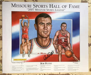 向Bob Pettit（2007年密蘇里體育名人堂傳奇）致敬的插畫，呈現三個持球動作姿勢。