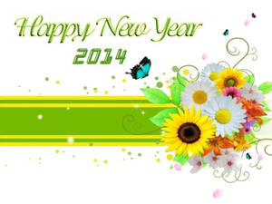 Happy New Year 2014 祝福，配有色彩繽紛的花朵、蝴蝶和綠色條紋