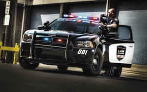 身穿黑色制服的警員站在小巷中一輛閃著燈的黑色道奇警車旁。