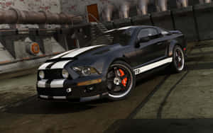 工業倉庫中的黑色Shelby GT500，帶有白色條紋和橙色制動器。 — 汽車 壁紙