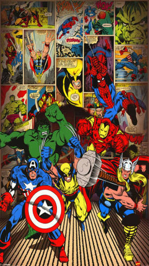 經典漫畫風格拼貼，展示 Marvel 超級英雄的動作姿勢。 — 漫威超級英雄 壁紙