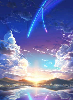 平靜的湖面映照著日落和閃爍的宇宙軌跡，在夢幻般的動畫天空中。 — 電影 壁紙