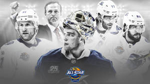 NHL全明星冰球運動員和教練以動作姿勢呈現，身後有體育場燈光。