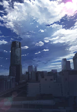動漫城市天際線，高樓大廈和日落時戲劇性的雲彩。