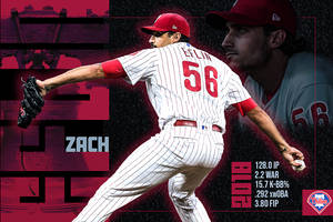棒球投手 Zach Eflin 身穿細條紋制服，顯示統計數據。